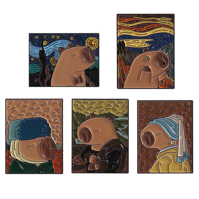 4-8PCS/SET Enamel Pins Custom Cute Capybara Oil Painting Brooches Lapel Badges Clothes Animal Jewelry Gift for Kids Friends