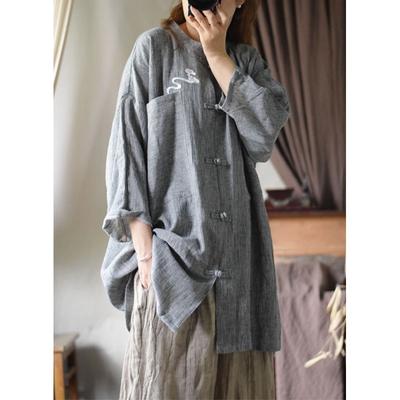 Woman Spring Single Breasted Chinese Style Washing Vintage Shirt Fashion Buckle Loose Casual Shirt