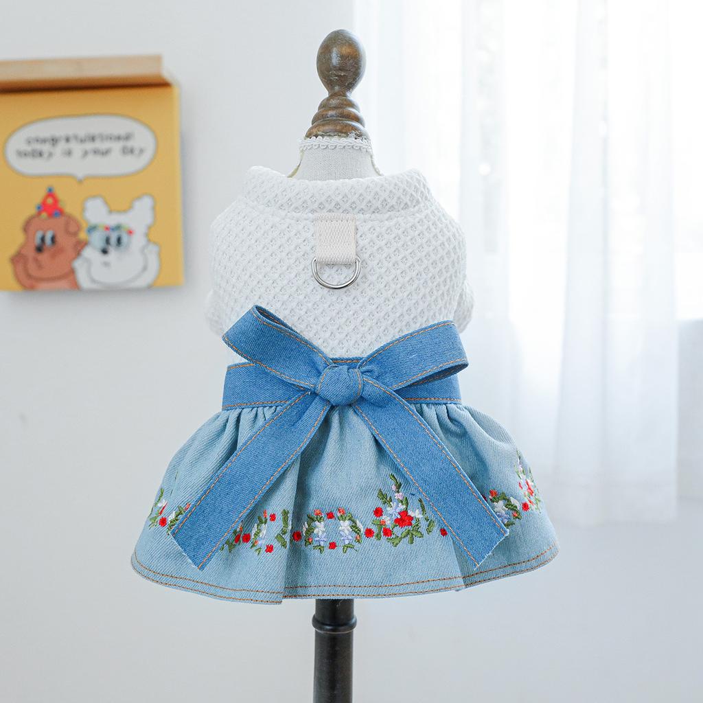 Pet circle dog cat clothes pocket skirt collection denim flower medium and small dog small red flower strap dress