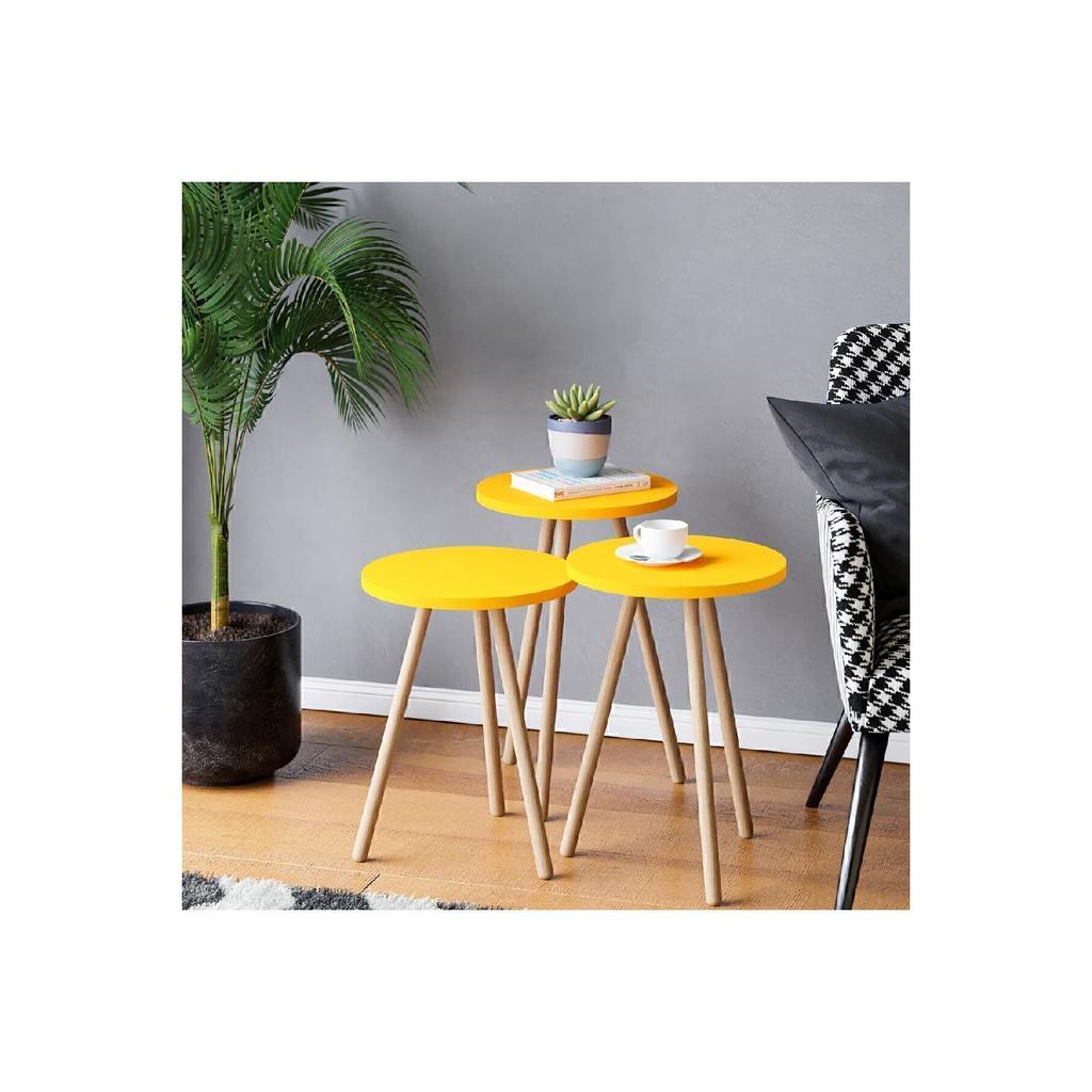 Colorful Triple Nesting Coffee Table Wooden Legs Round Pastel Design Cream