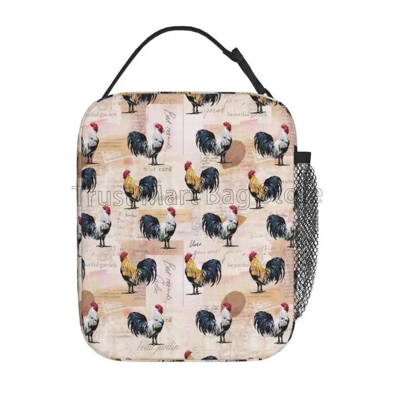 Chickens Rooster Print Insulated Lunch Bag Unisex Reusable Portable Waterproof Thermal Oxford Lunch Box for Work Picnic Travel