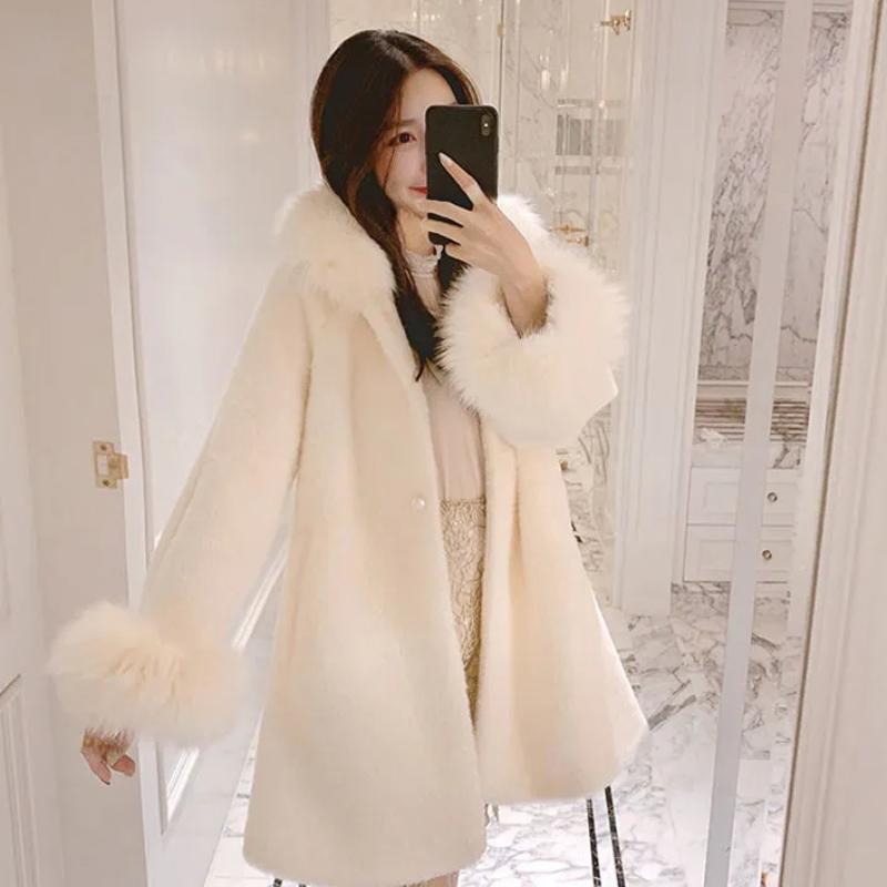 

Жіноча зимова шуба зі штучної норки 2022 Новий корейський вільний повсякденний вовняний верхній одяг Жіноча вовняна куртка зі штучного хутра з довгим хутряним коміром M білий