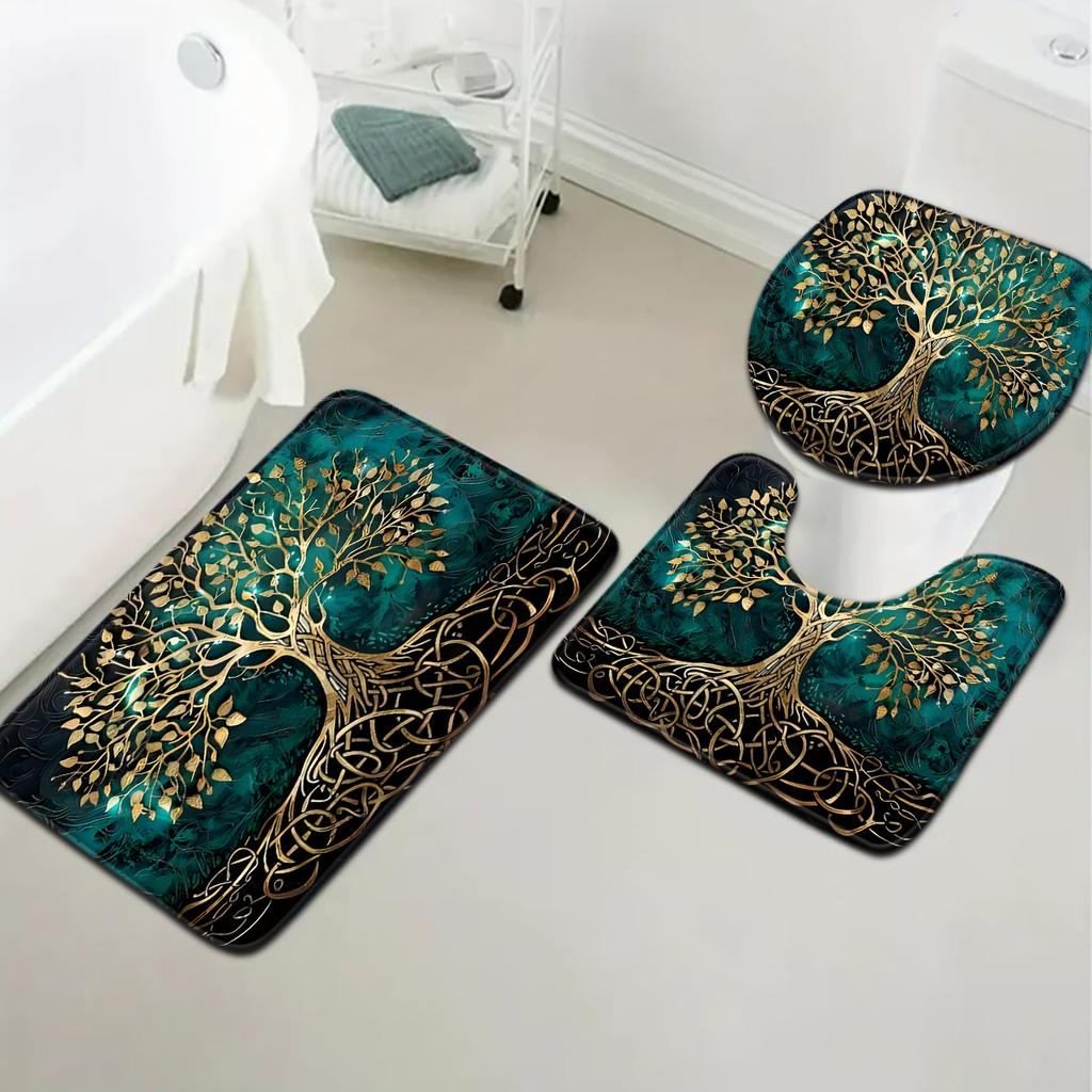 3er Set Pflanzen-Serie Nacht Großer Baum Muster Badezimmer-Matten-Set Toiletten-Sitzbezug U-förmige Fußmatte