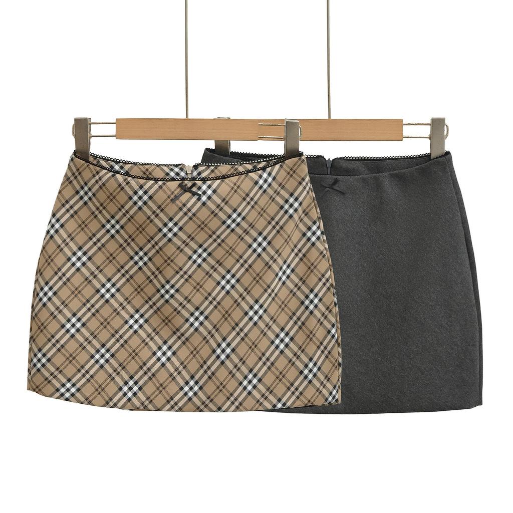 AY727-25 Autumn Plaid Skirt with Lace Waistband and Bow Detail