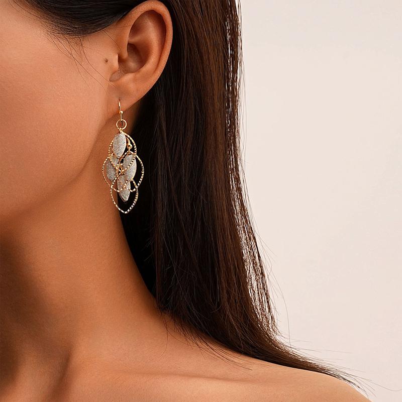 Exaggerated copper Color Leaves Long Tassel Pendant Earrings for Women Creative Metal Hollow Leaf Earrings Party Zircon Gift