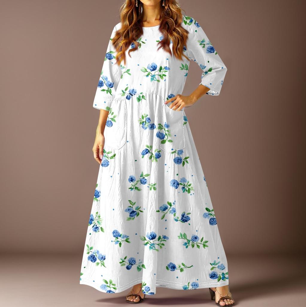 Women's Casual Fashion Vintage Floral Print Three-quarter Sleeve Long Dress With Pockets