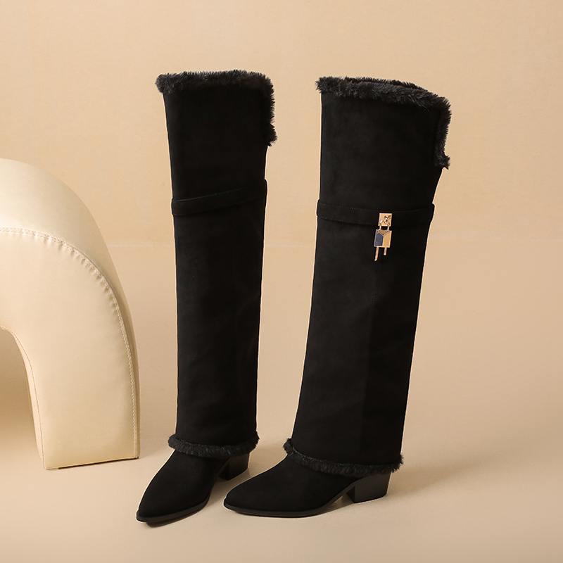 Krazing Pot Flock Pointed Toe Thick High Heels Thigh High Boots Size 46 Size 45 Slip On Plus Size Women Keep Warm Over-the-knee Boots