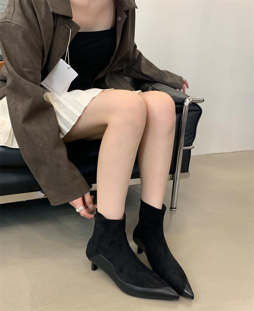 Suede splicing pointed flat bottom short boots versatile elastic soft sole fashion thin boots women's shoes