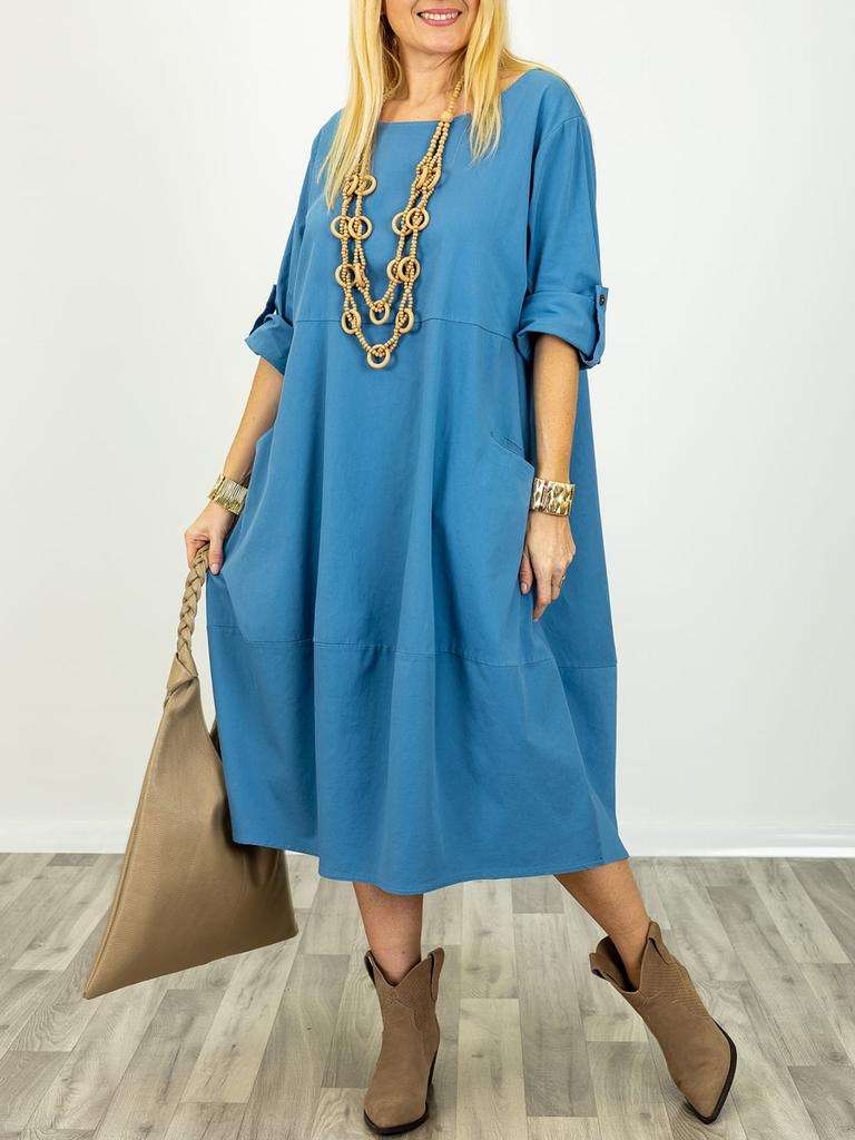 European and American cross-border plus-size women's 2026 summer new loose crew neck patchwork five-quarter sleeve solid color women's dress