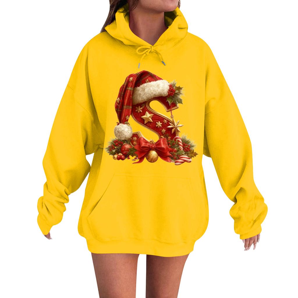 Women's Casual Comfortable Long-Sleeved Christmas Letter-Printed Warm Hooded Crew-Neck Sweatshirt