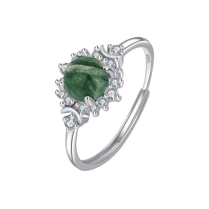 Originality Natural Stone Texture Different Green Moss Grass Agate Vouple Flower Ring For Women Sterling Silver Gift Jewelry