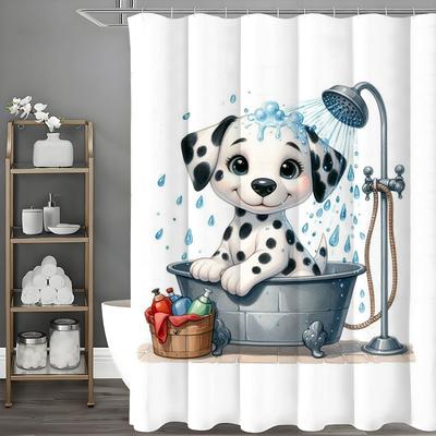 Cute Cartoon Spotted Dog Shower Curtain, Bathroom Decorative Shower Curtain, Waterproof Shower Curtain with Hooks