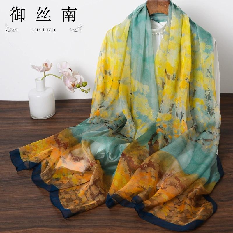 Spring Summer Women Large-size Printed Beach Shawls Muslim Hijabs Travel Thin Sunscreen Scarf/Scarves 100% Silk Beach Scarf