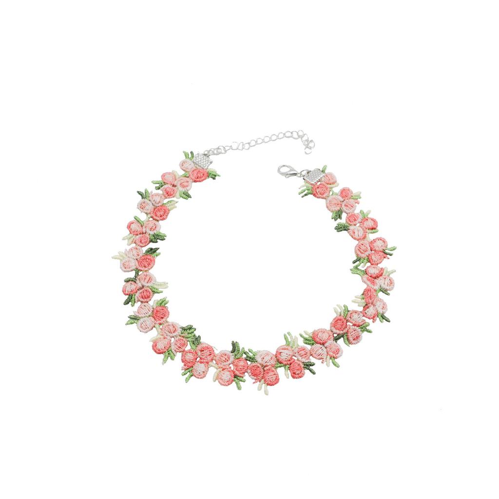 Mori Girl Peach Pink Lace Embroidered Flower Choker Necklace for Women