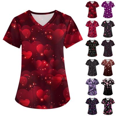 Women's Fashion V-neck Short Sleeve Workwear With Pockets Valentine's Day Printed Tops