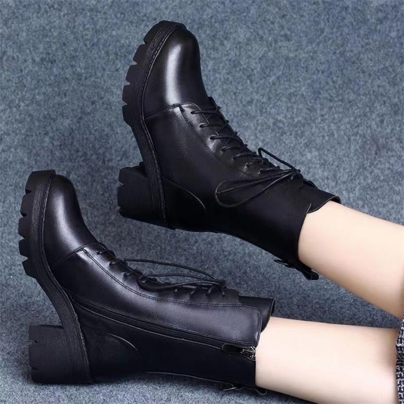 Autumn and winter medium heel short boots women's 2025 new boots pointed high heel lace-up soft leather showing feet thin velvet Martin boots
