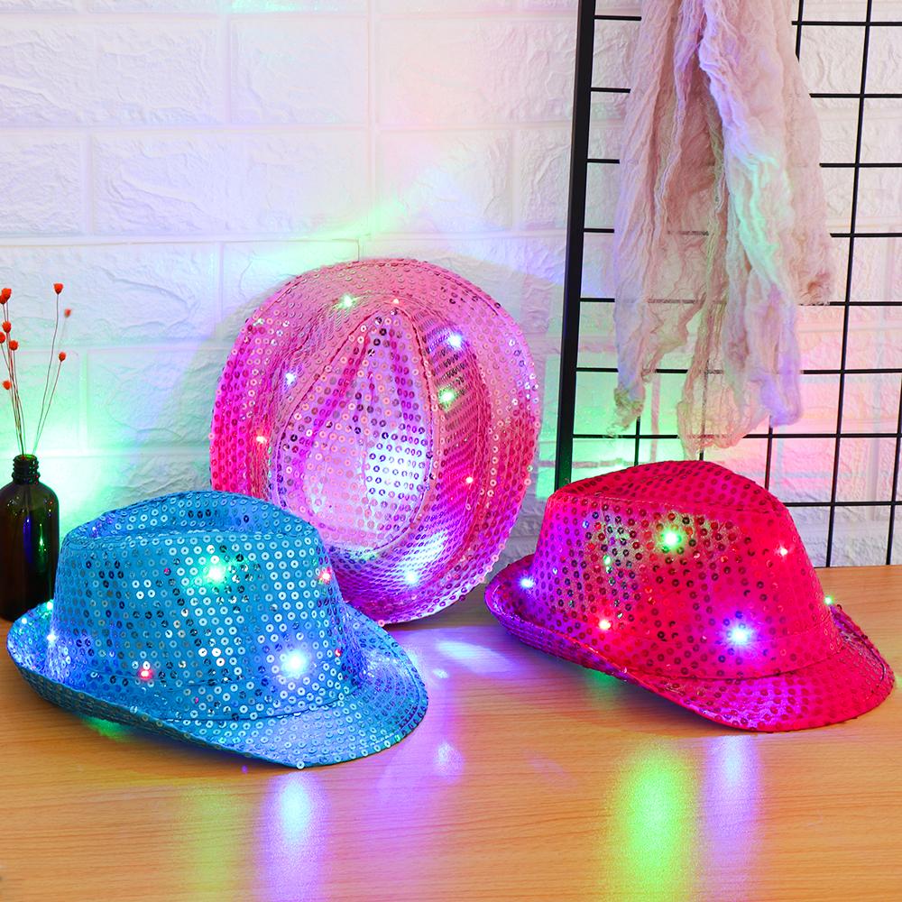 Robe Unisexe Fête Dansante Lumineuse Chapeau Jazz LED Fedora Trilby Paillettes Chapeau Panama
