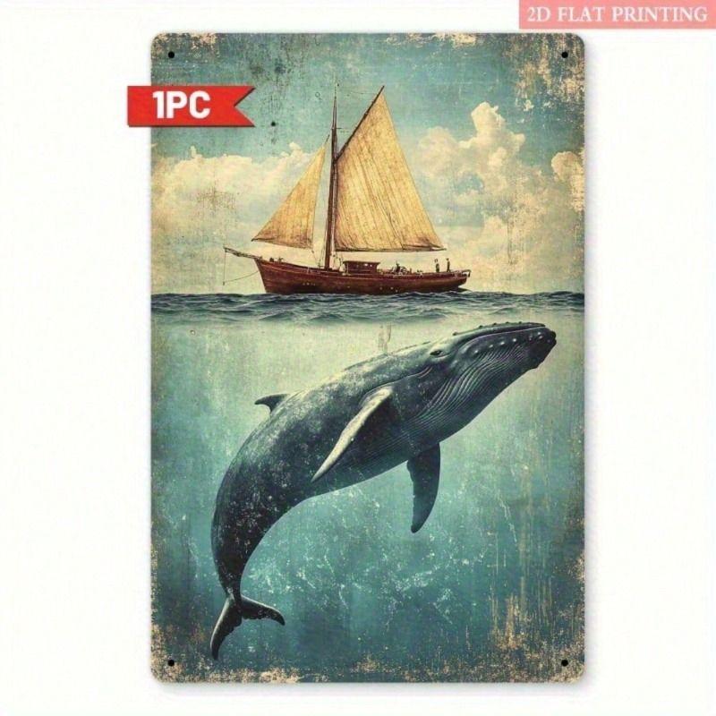 

Vintage Nautical Metal Poster 12x8, Whale Sailboat Aluminium Wall Art Decor