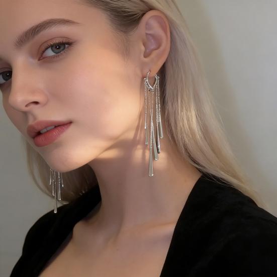 1 Pair Women Earrings Exaggerated Waterdrop Long Tassel Design Leverback Earrings Shiny Versatile Jewelry Accessories