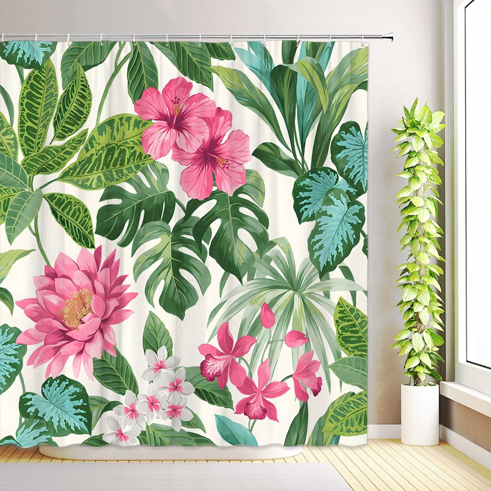 Tropical Leaves Hummingbirds Shower Curtain Green Palm Leaf Flowers Plants Bird Bathroom Decor Fabric Bath Curtains with Hooks