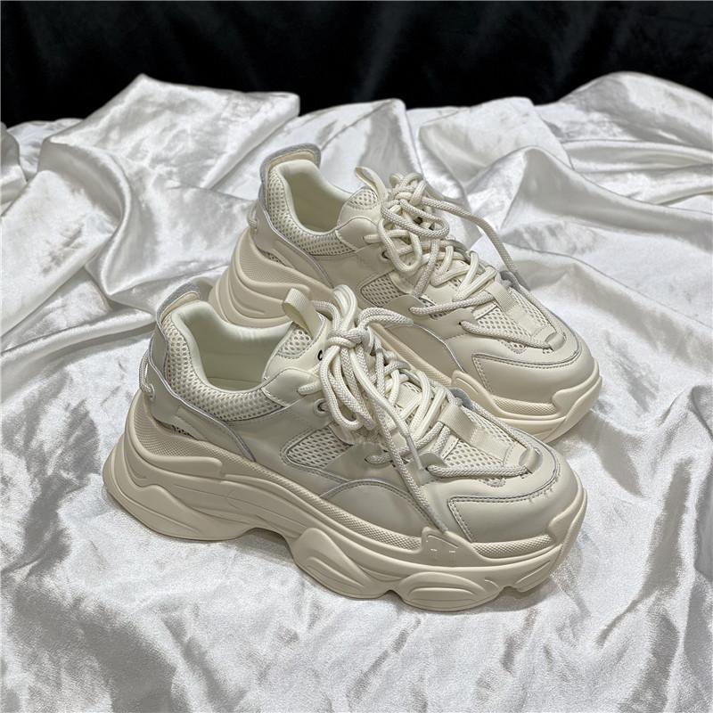 Dámské jarní nové univerzální ležérní tenisky s tlustou podrážkou z pravé kůže, velikost pro tatínky