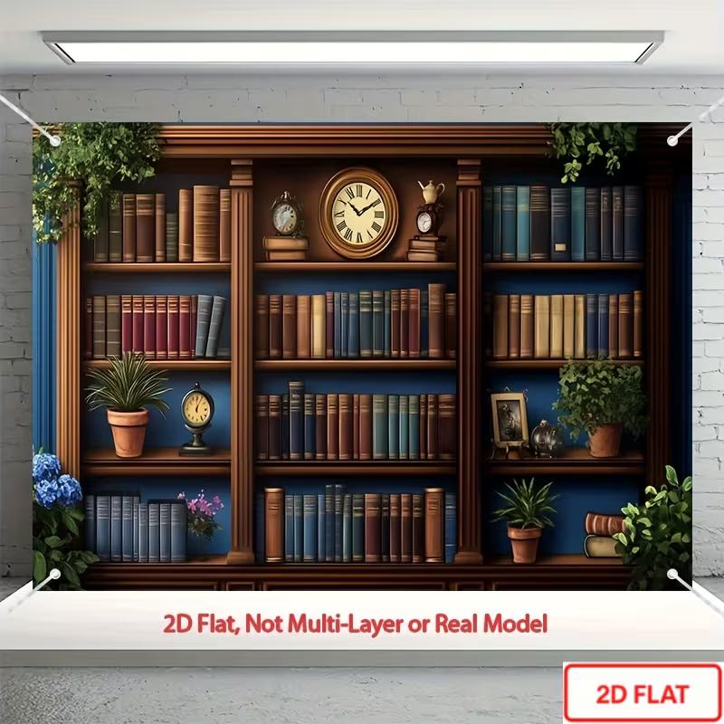 

2D Antique Wooden Bookshelf Backdrop, Classic Library with Clocks & Plants Decor 47.2x31.5inch/120*80cm
