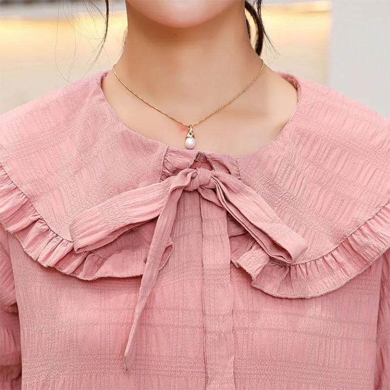 Ladies Short Sleeve Doll Collar Thin Shirt Sweet Bow Top Western Chiffon Shirt