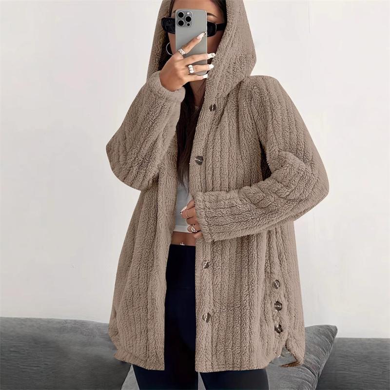 Women's Winter Long Female Warm Loose Plush Hooded Thick Coat Jacket Button Hooded Loose Coat Winter Outerwear