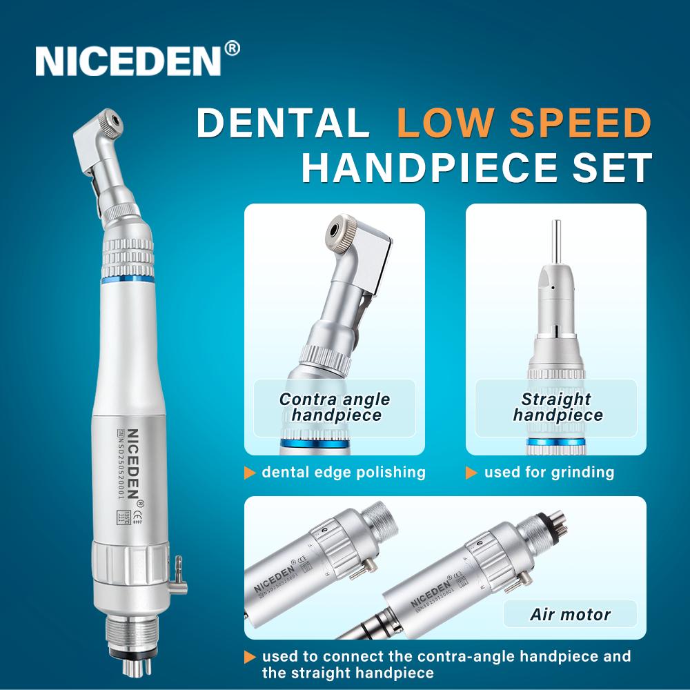 Niceden Kit Piesă de Mână Dentară de Viteză Mică Turbină cu Aer Dreaptă Contra Unghi Motor cu Aer 2/4 Orificii