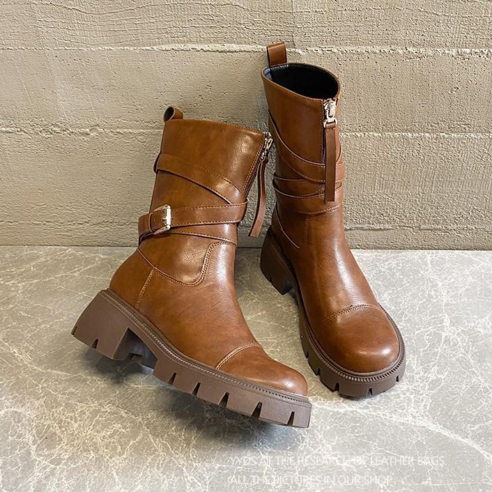 Retro Round Head Versatile Martin Boots Women's 2025 Autumn and Winter Explosion Thick-soled Thick Heel Maillard Medium Boots Short Boots