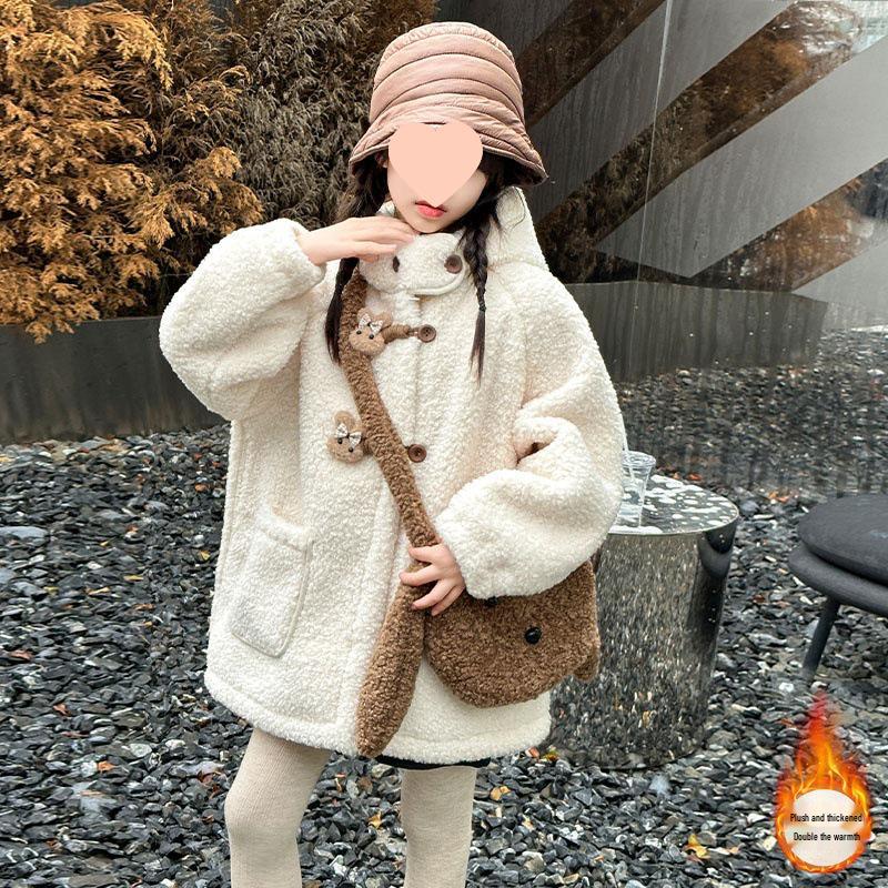 2025 Girls' Fleece-Lined Lamb's Wool Coat: Thick, Stylish Winter Wear for Children