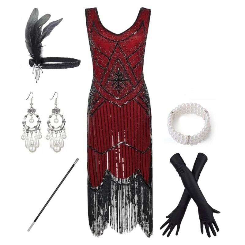 

Popular 1920S Retro Dress with Handmade Beading, Sequins, and Tassels, New Style Wish Export Dress Set Burgundy 6-Piece Set S