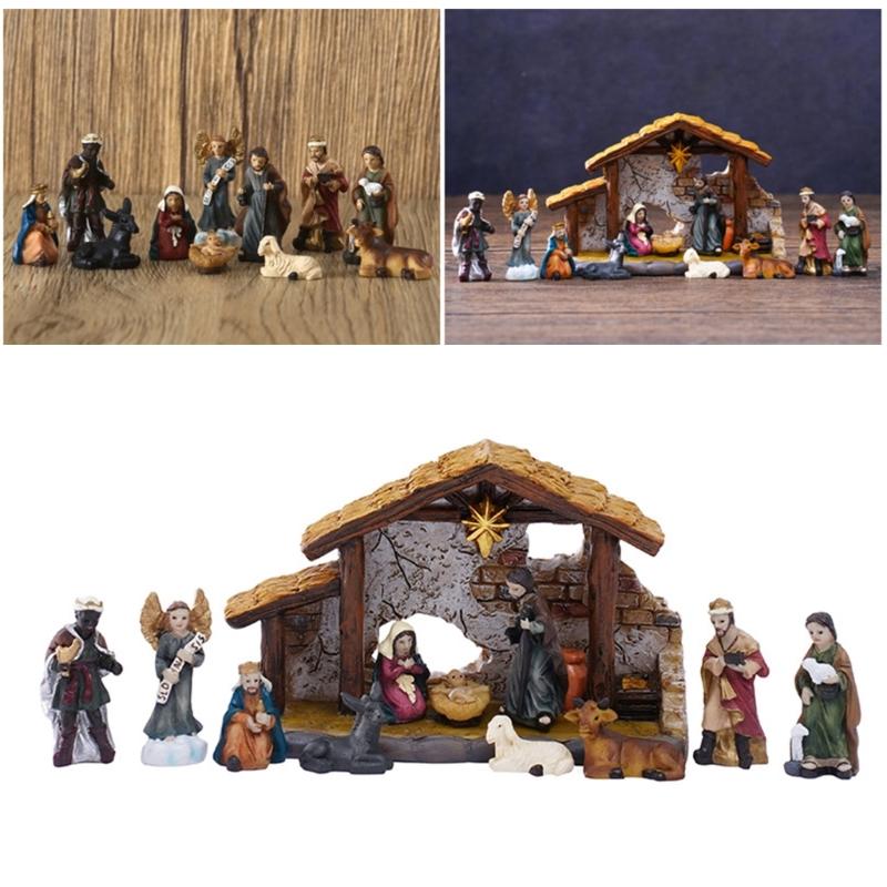 Nativity Statues Figures Set Resins Manger Scene Minaiture Figurines Ornaments for Mantels and Shelf Christmas Decors