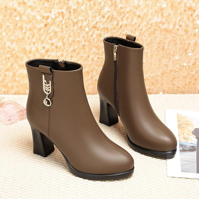 Women's Soft Leather Cotton Shoes New Fashion Waterproof Side Zipper High Heels Non-slip Lightweight Warm Boots