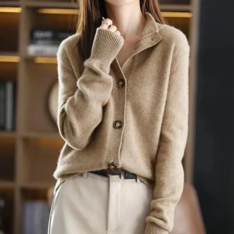 Autumn Winter Stand collar Knitted Cardigan Solid Loose Short Jacket Women's Korean version Long sleeved Sweater Casual top