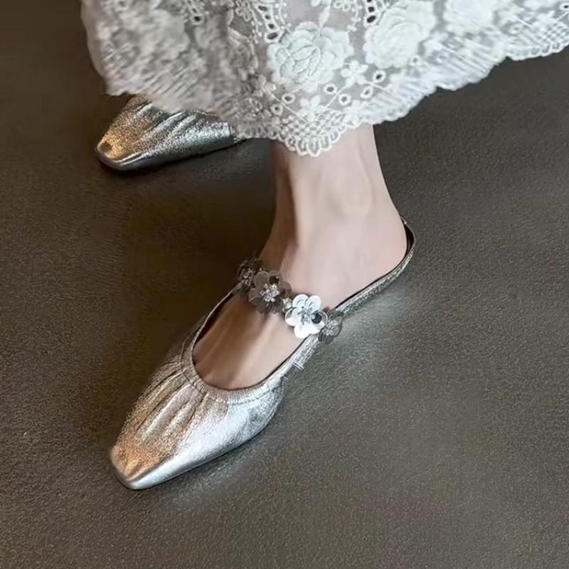 2026 New Women Crystal Mules Flats Slippers Designer Sandals Dress Square-toe Leather Slides Slingback Buckle
