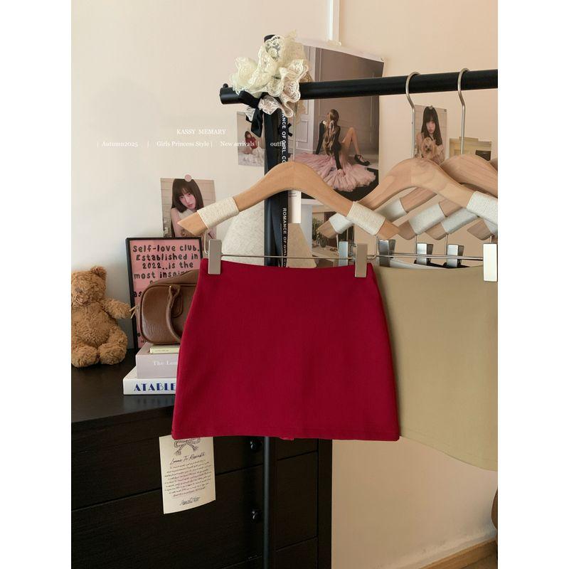 Kumikumi Sexy Style Pure Color Fashion Tape High Waist Skirt Women's Autumn Easiest for Match Slim Looking A- Line Skirt Skirt