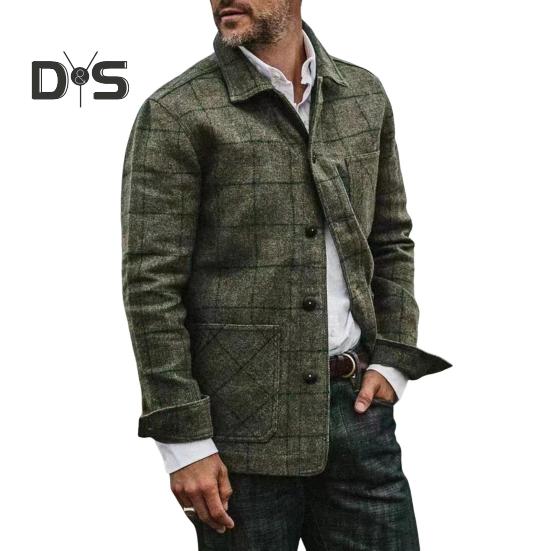 

Мужская куртка, пальто с лацканами, длинный рукав, клетчатый принт, пальто с накладным карманом, однобортная, свободный крой, повседневная верхняя одежда S зелёный