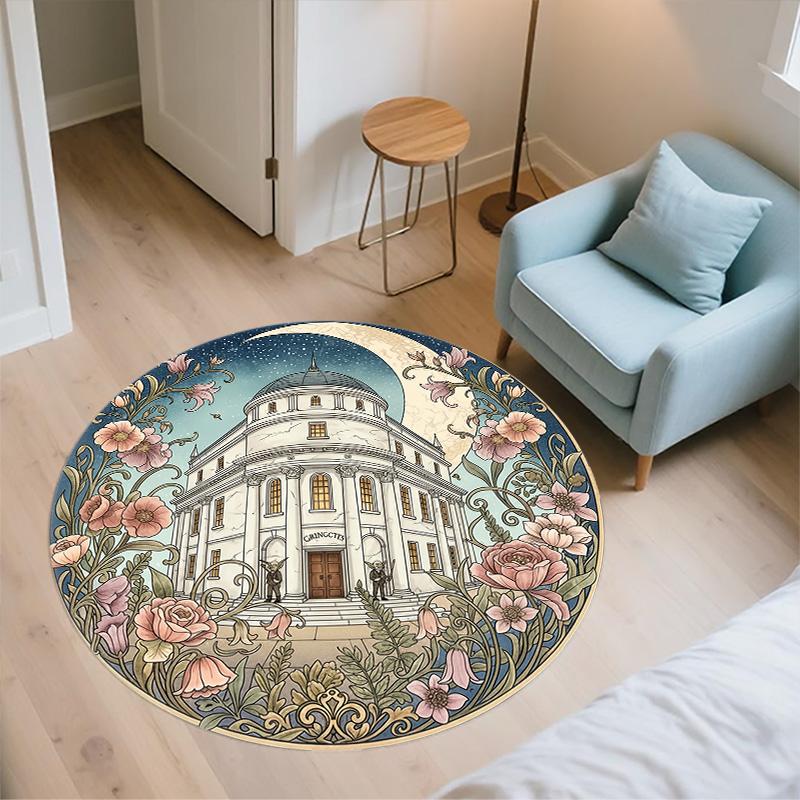 Flower Building,Round Area Rug,Carpet Rug for Living Room Bedroom Sofa Playroom Decor,Non-slip Floor Mat