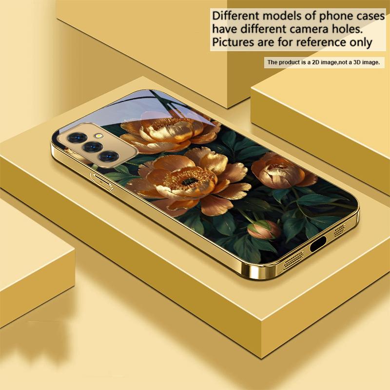 Prosperous Golden Peony For Samsung A 01 52S A04 A05S A10 A12 A13 22 23 24 36 42 M02 Note 10 20Ultra 8 9 Golden glass phone case