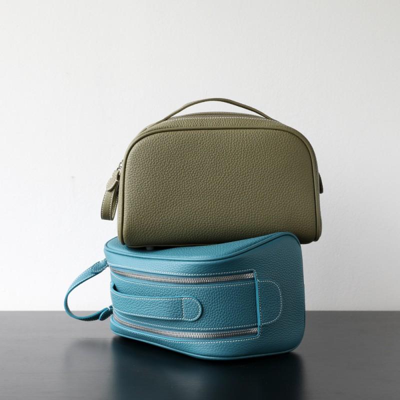 Genuine Leather Makeup Bag Women Portable Travel Toiletry Case Minimalist Chic Design With Chain Strap