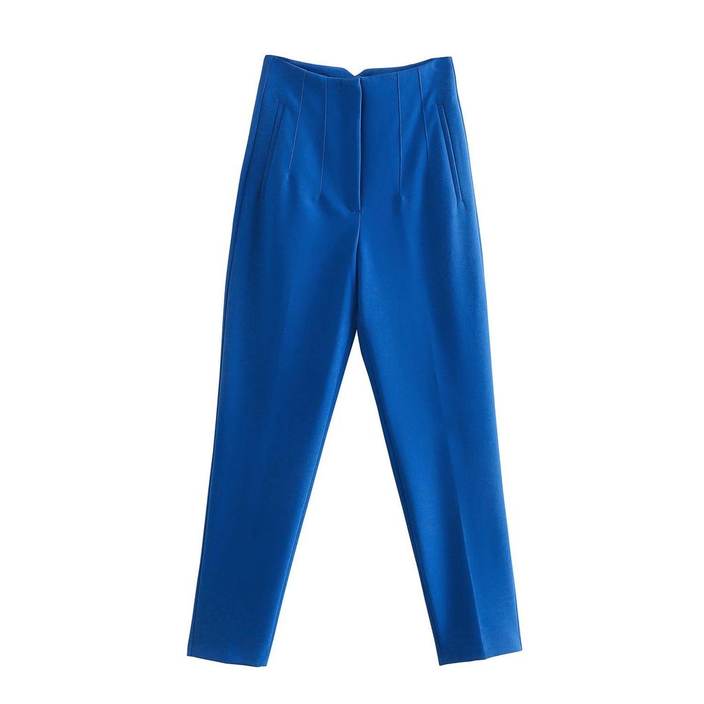 Women Solid Color High Waist Pockets Buttons Office Lady Orange Suit Pants Trousers