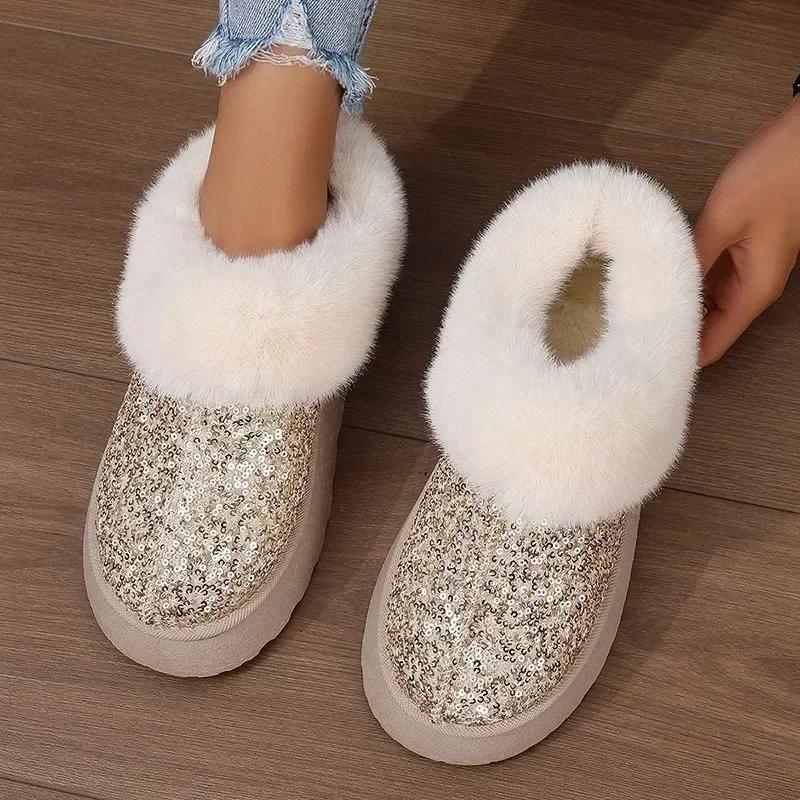Winter Boots Women 2025 Fashion Sequined Cloth Warm Snow Boots Woman Non-Slip Thicken Plush Ankle Booties Plus Size 44 Faux Fur
