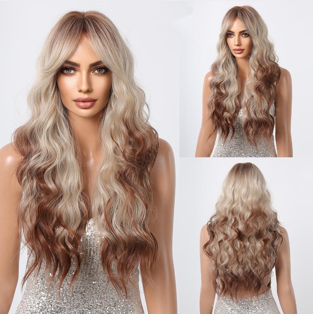 BLONDE UNICORN Long Wavy Curly Wigs Light Golden Brown Synthetic Wig with Bangs for Women Daily Cosplay Heat Resistant …