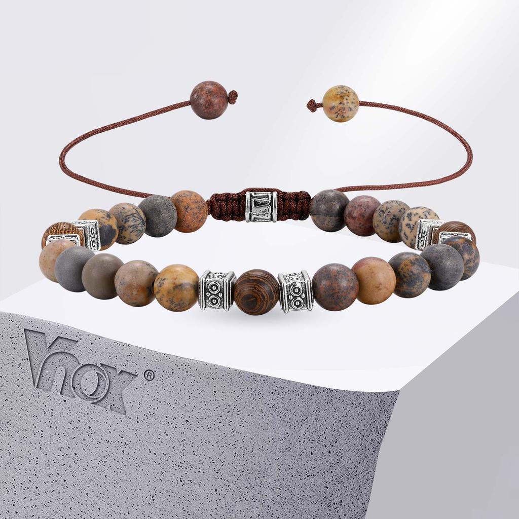 Vnox Natural Stone Beaded Bracelet for Men Women, Zinc Alloy Spacer Beads, Adjustable 17-33cm, 6.6mm Beads Trendy Jewelry Gifts