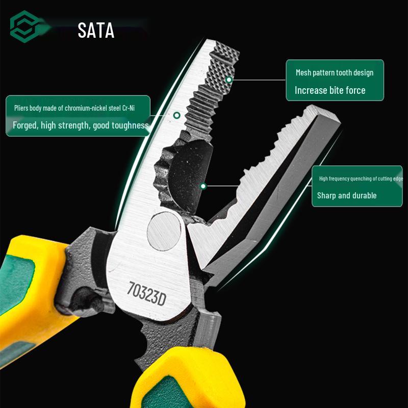 SATA 70221D, 70222D, 70223D Electrician's Tools: Combination, Long Nose, and Diagonal Cutting Pliers with Wire Cutters.
