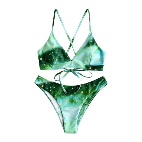 2Pcs/Set Gradient Bikini Set Wire Free Star Print Tie Belt Bathing Suit for Beach