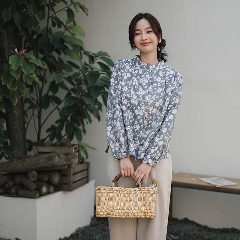 Johnature Women Vintage Shirts Tops Print Floral Stand Long Sleeve Autumn Blouses Button Shirts