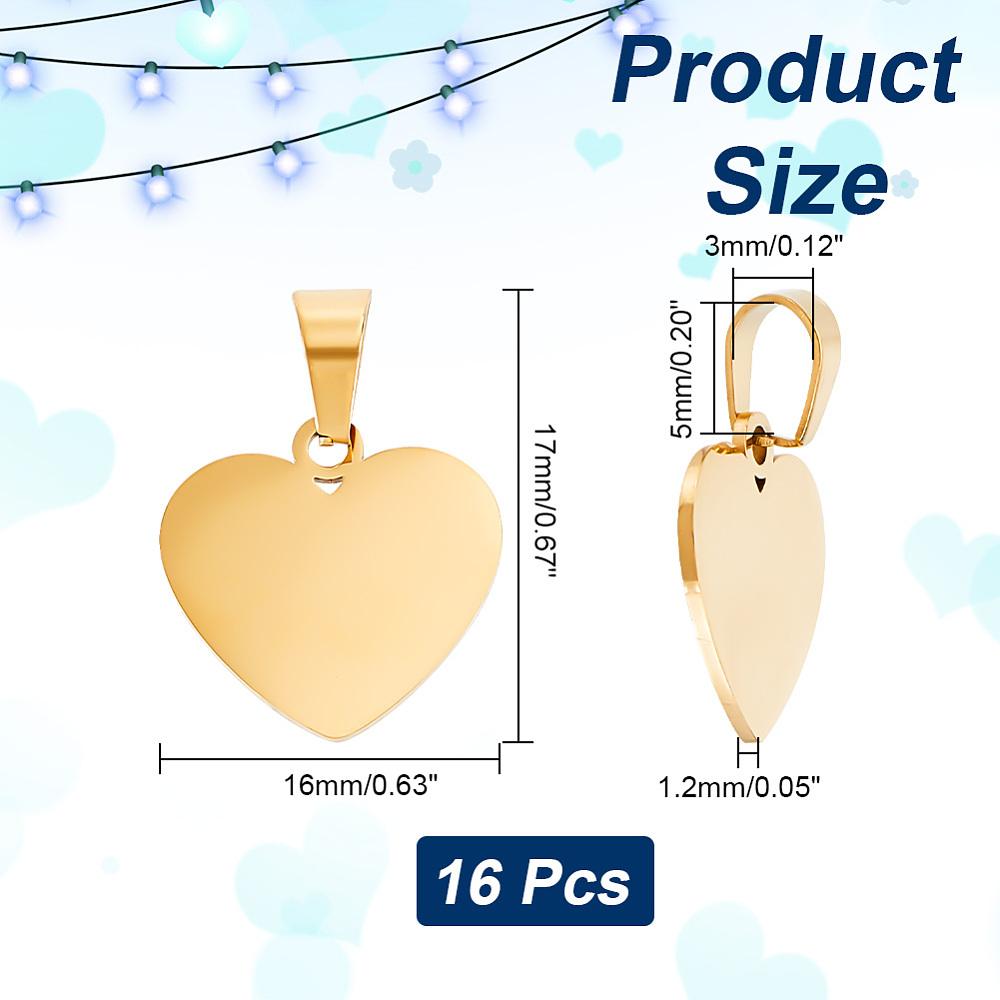 304 Stainless Steel Pendants Stamping Blank Tag Laser Cut Heart Golden 16x17x1.2mm Hole: 5x3mm 16pcs/box