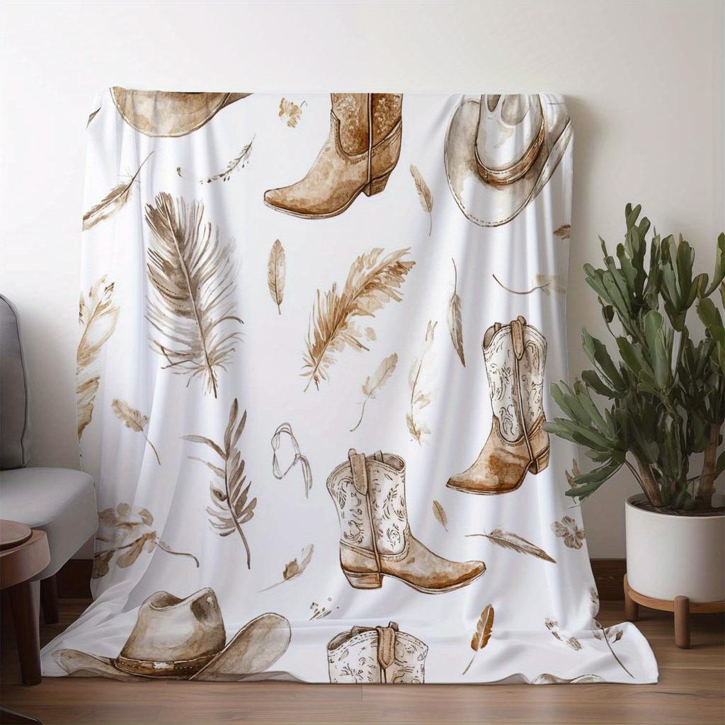 1pc Flannel Blanket, Fashionable Creative Western Cowboy and Feather Print Blanket, Warm Comfort Soft Throw for Sofa Bed Car